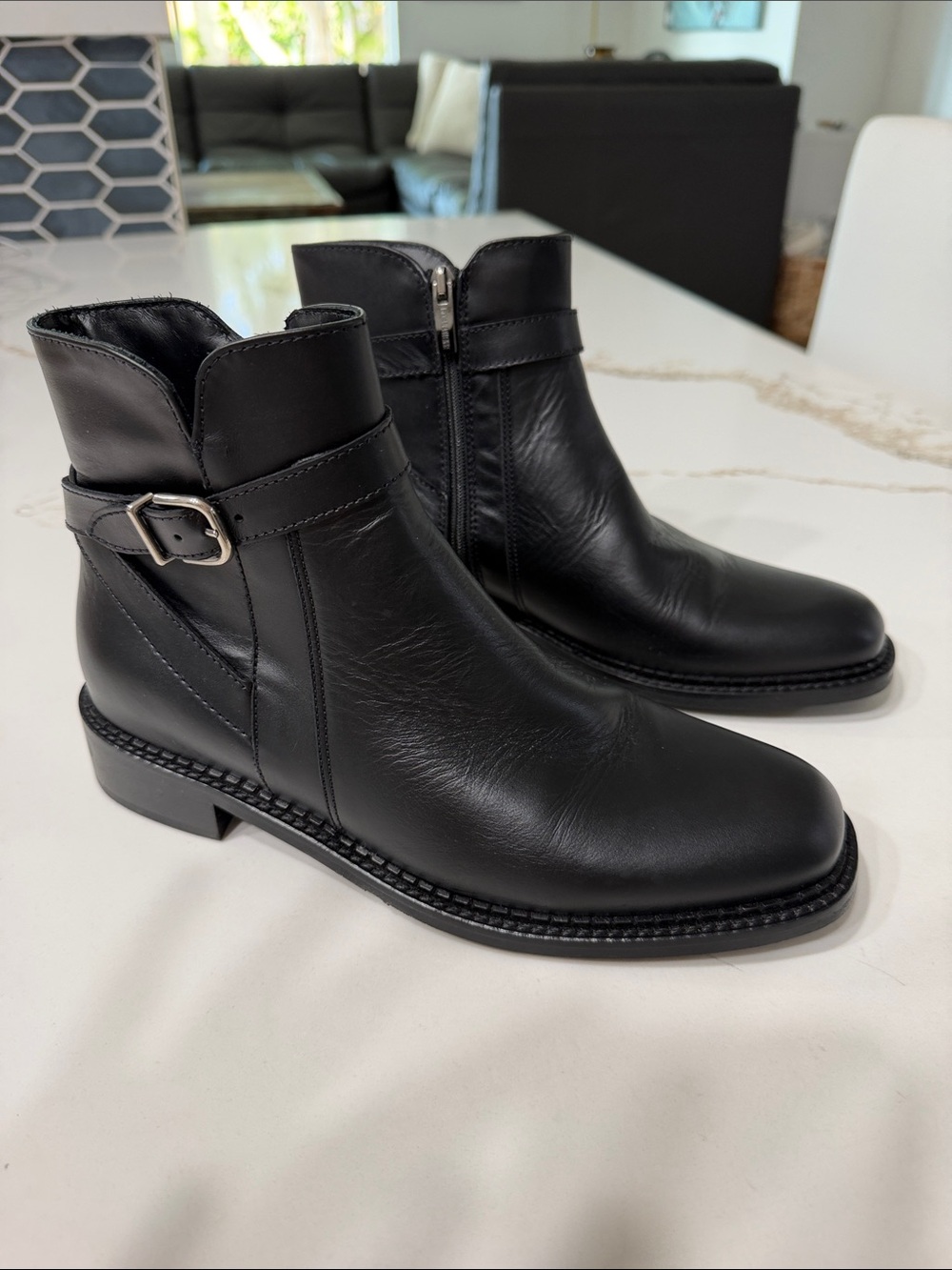 La Canadienne Women's Black Leather Ankle Boots with Buckle Strap and Zipper | 9